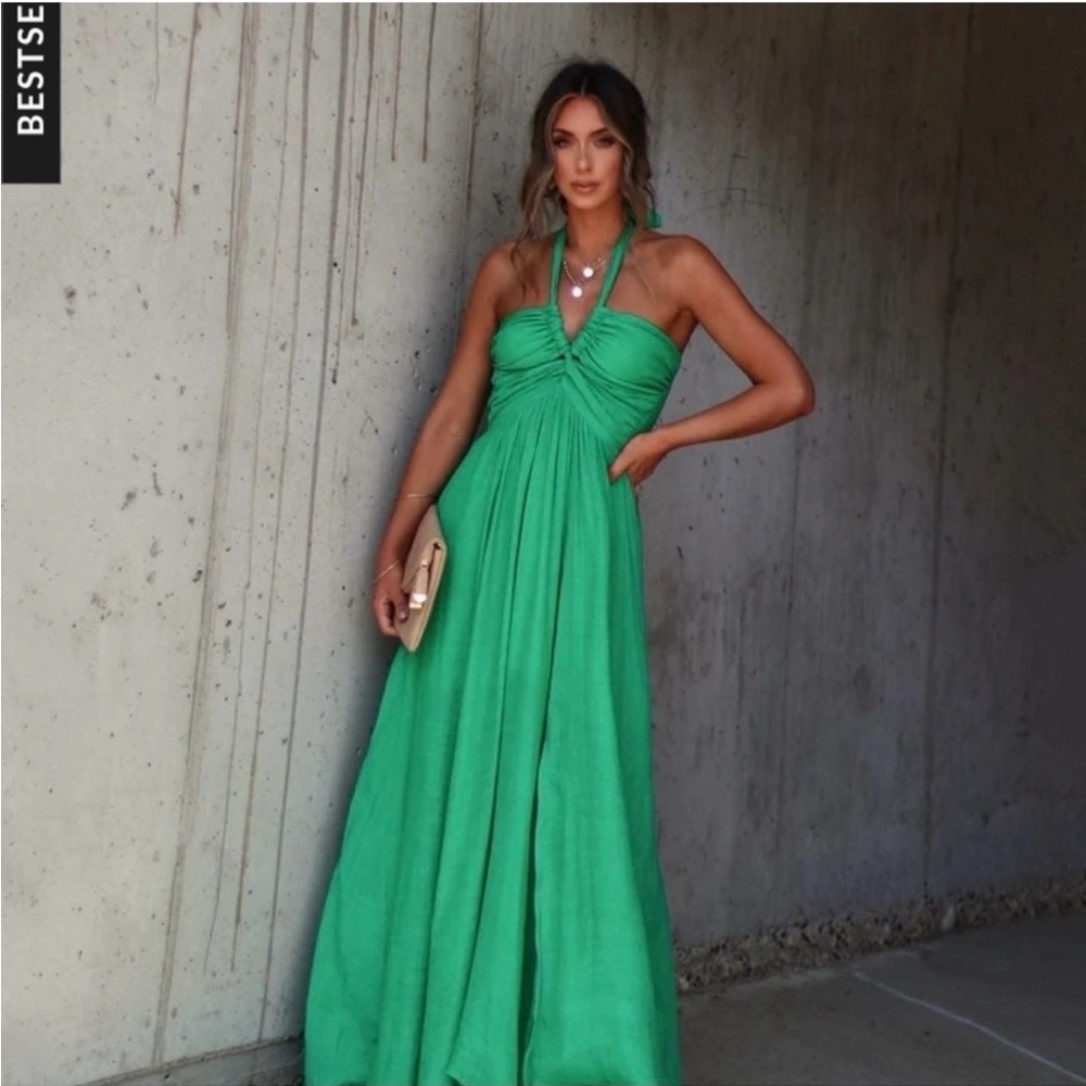 Aakaa Emerald Green Halter Ruched Maxi Dress
